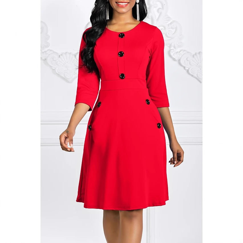 Damen Elegantes knieumspielendes Kleid mit Schmuckknöpfen und 3/4-Ärmeln Drune