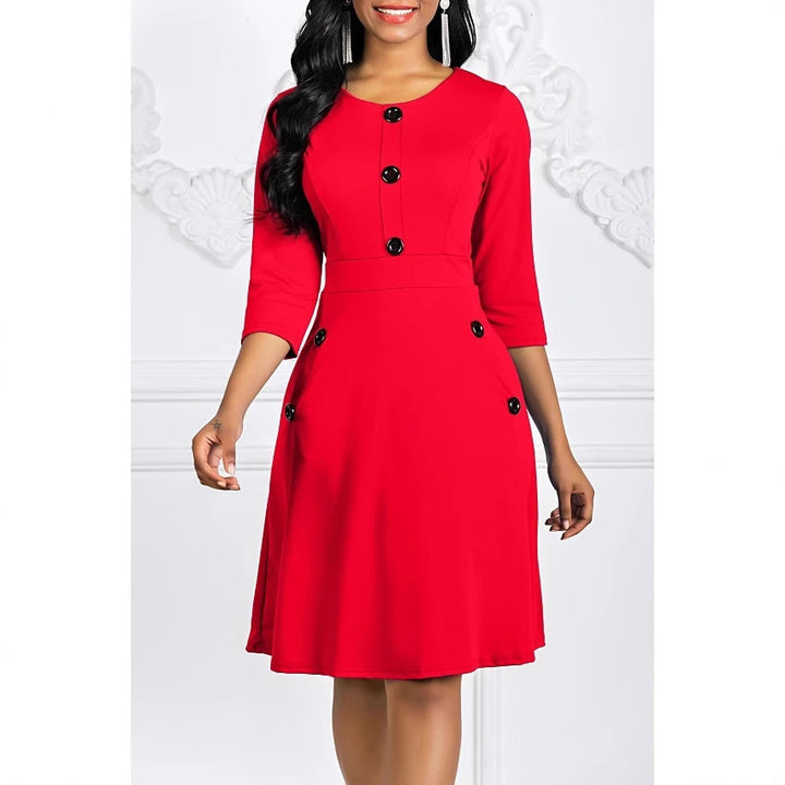 Damen Elegantes knieumspielendes Kleid mit Schmuckknöpfen und 3/4-Ärmeln Drune
