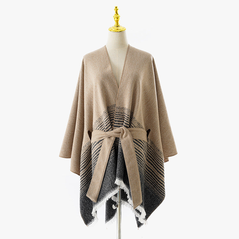 Damen Weichfallender Strick‑Wickelponcho mit Bindegürtel und Fransensaum Drune