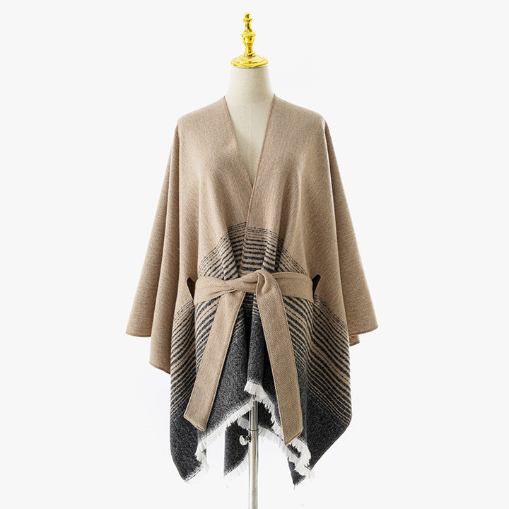 Damen Weichfallender Strick‑Wickelponcho mit Bindegürtel und Fransensaum Drune