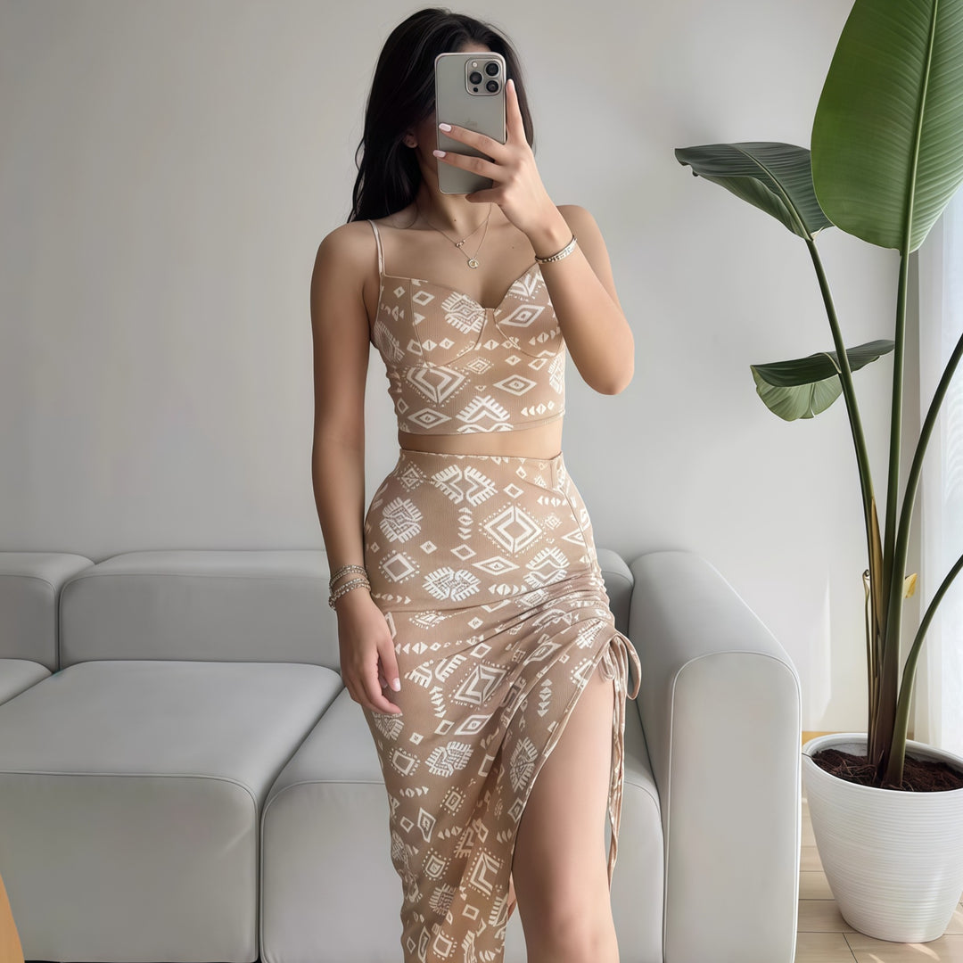 Damen Set aus Crop-Top und Knielangem Rock mit Raffungen Drune