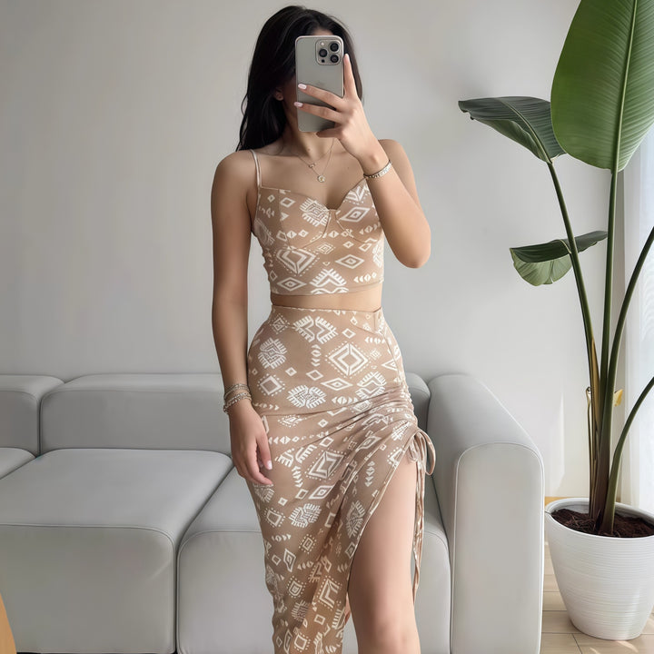 Damen Set aus Crop-Top und Knielangem Rock mit Raffungen Drune