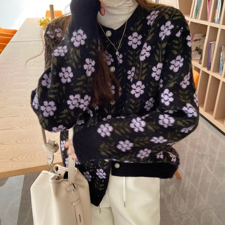 Damen gemütliche Strickjacke mit floralen Mustern und hochwertigen Knöpfen Drune