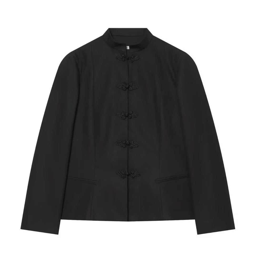 Damen Kurze taillierte Jacke mit Mandarin-Kragen und dekorativen Knotenverschlüssen Drune