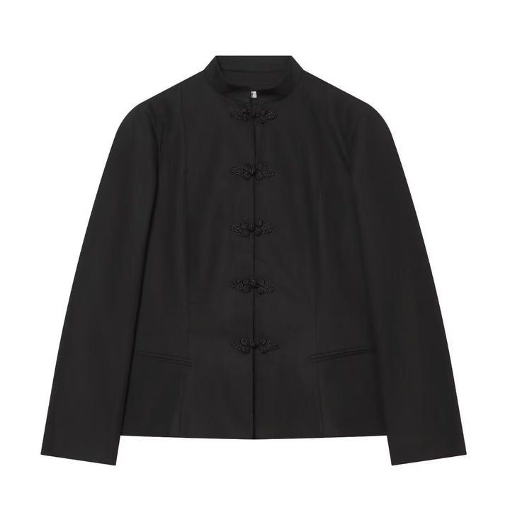 Damen Kurze taillierte Jacke mit Mandarin-Kragen und dekorativen Knotenverschlüssen Drune