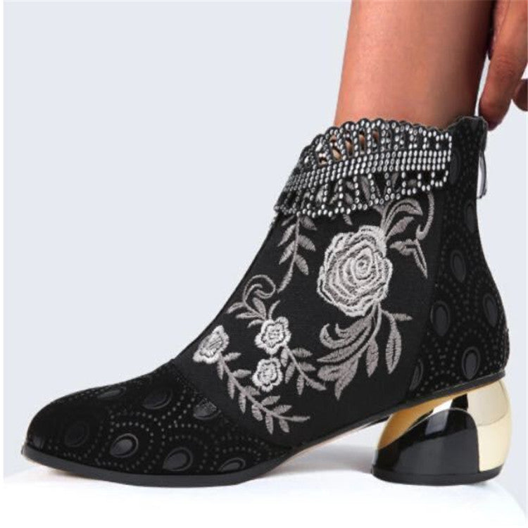 Damen nan bestickte Ankle-Boots mit Samteinsatz Perlenbesatz und skulptiertem Blockabsatz Drune