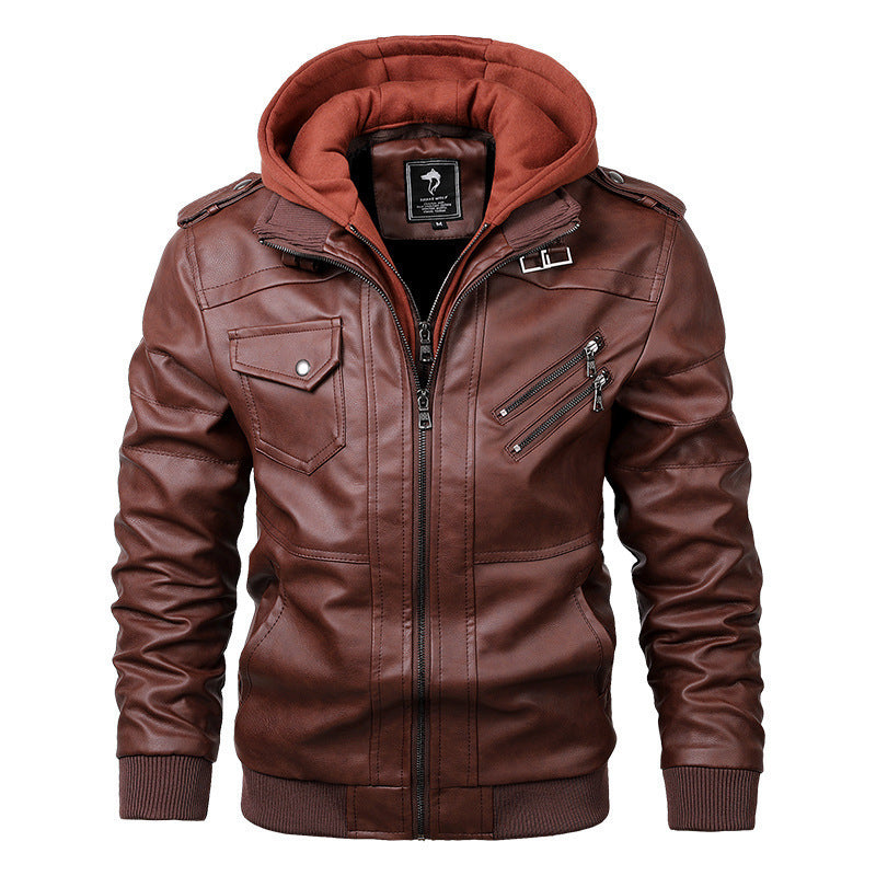 Herren Modische Kunstlederjacke mit Kapuze Drune