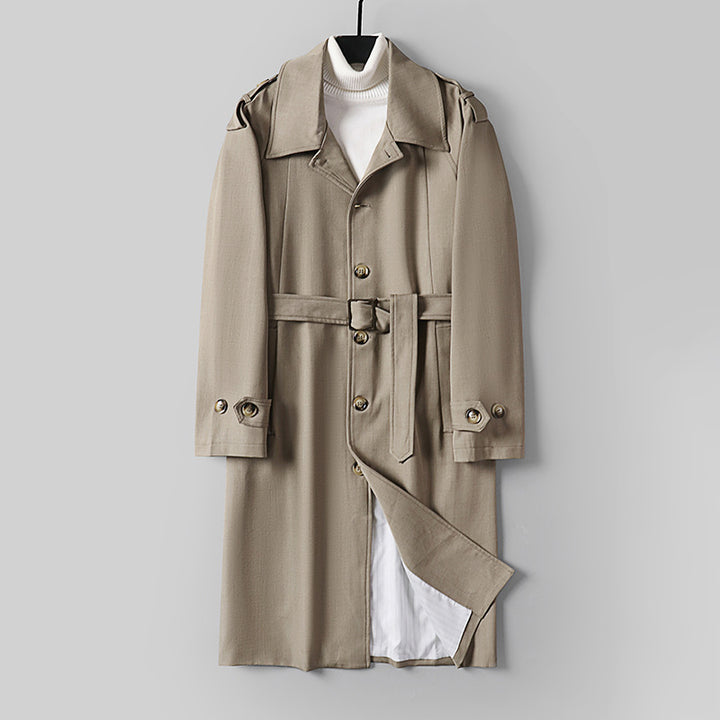Herren Schlichter Twill-Trenchcoat mit verstellbarem Taillengürtel und Schulterpatten Drune
