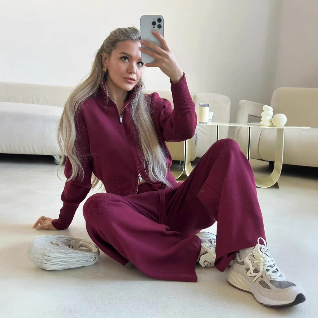 Damen gestricktes Lounge-Set mit kurzem Reißverschluss-Cardigan und weitem High-Waist-Jogginghose Drune
