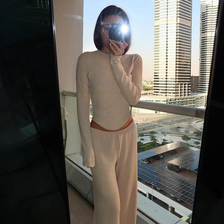 Damen nan legerer Palazzo-Loungehose mit Umschlagbund und weichem Baumwollstretch Drune