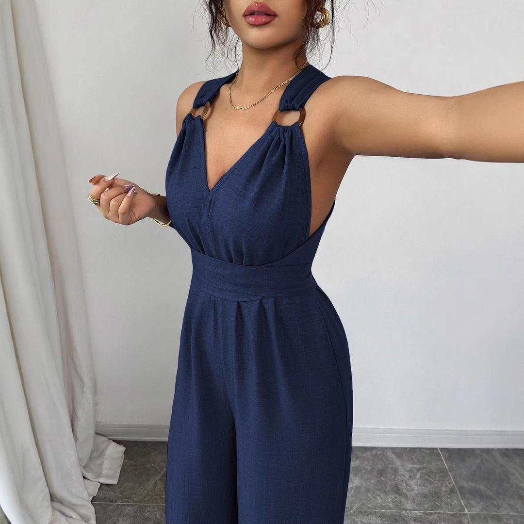 Damen Jumpsuit mit weitem Bein, tailliertem Wickelband und Ösen-Trägern Drune
