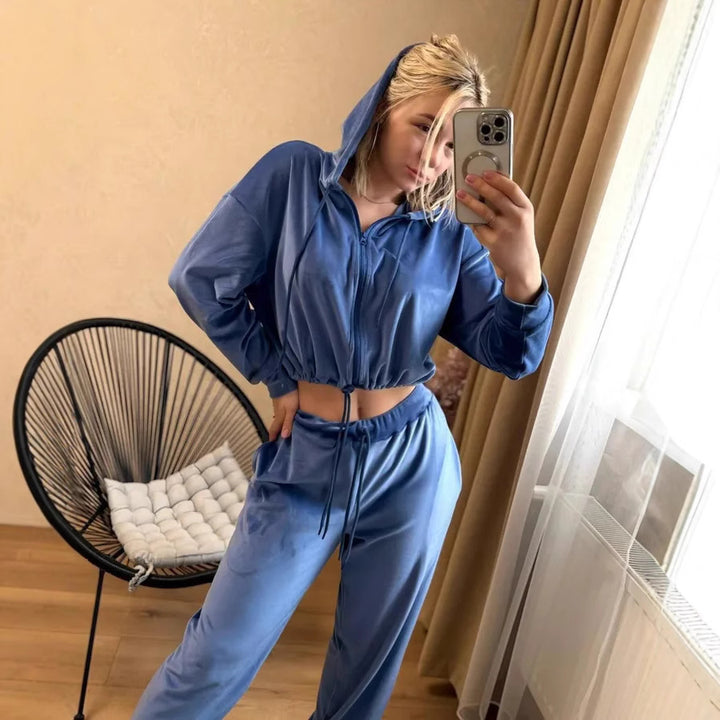 Damen Samtiges Cropped-Zip-Hoodie-Set mit Tunnelzugbund und weitem Lounge-Sweathose Drune