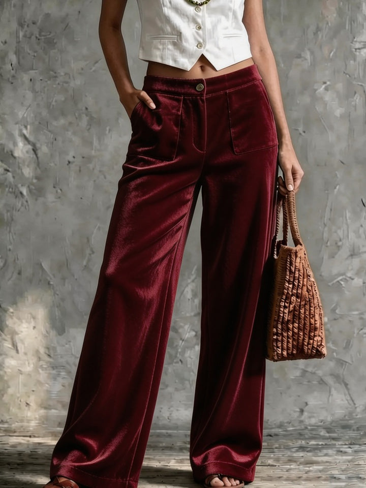Damen Weite Samt-Palazzohose mit hoher Taille und aufgesetzten Taschen Drune