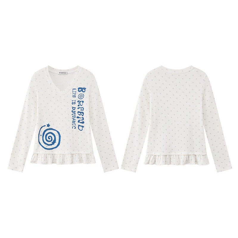 Damen Langarmshirt mit V-Ausschnitt, Rüschen-Saum und grafischem Spiralmotiv Drune