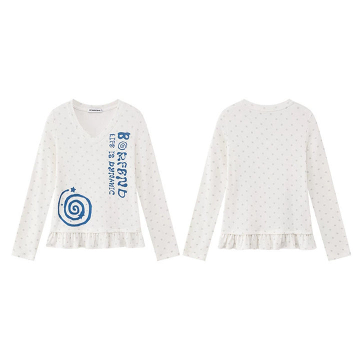 Damen Langarmshirt mit V-Ausschnitt, Rüschen-Saum und grafischem Spiralmotiv Drune