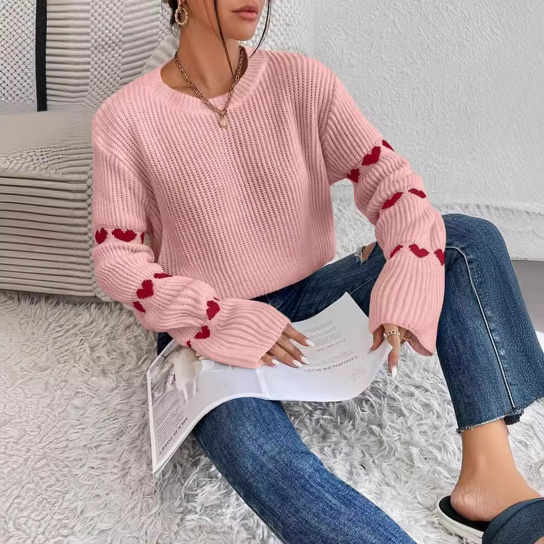 Damen lässiger Strickpullover mit Herzmuster und weitem Arm Drune