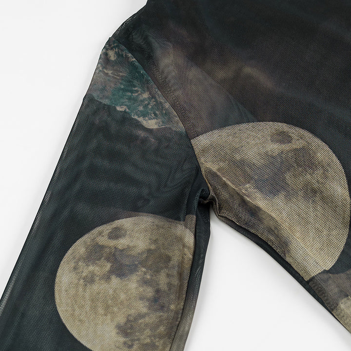 Damen nan langes Mesh-Maxikleid mit langen Ärmeln, hohem Rundhalsausschnitt und mystischem Mondprint Drune