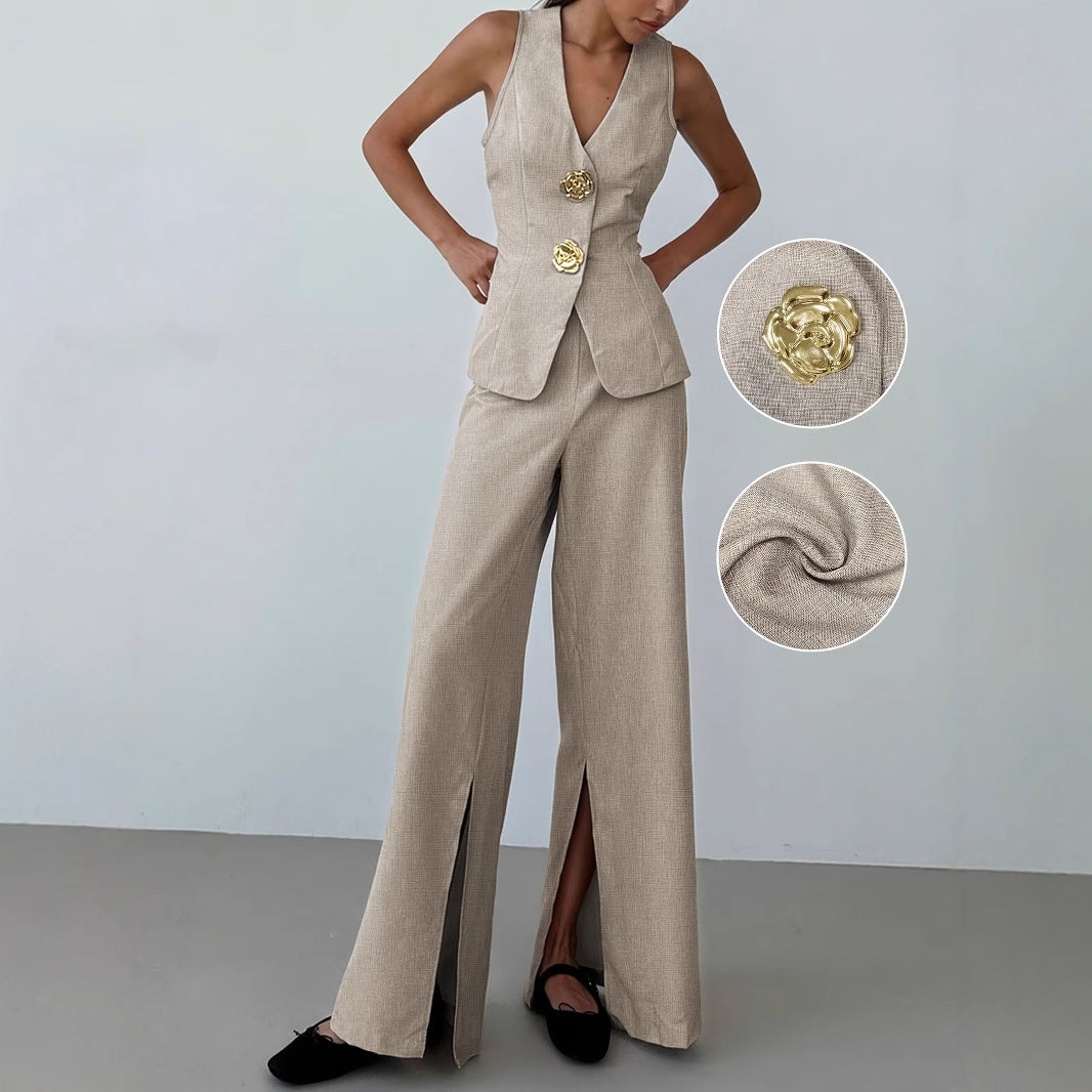 Damen elegantes Anzug-Set mit tailliertem Blazer und weit geschnittene Hose Drune