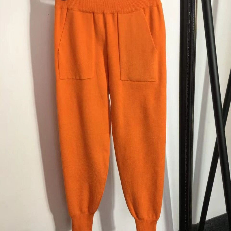 Damen modisches Karomuster Strickset mit Knopfdetail und lässigen Hosen Drune