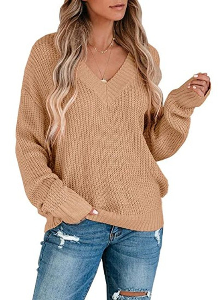 Damen Grobstrickpullover mit tiefem V-Ausschnitt und legeren Ärmeln Drune