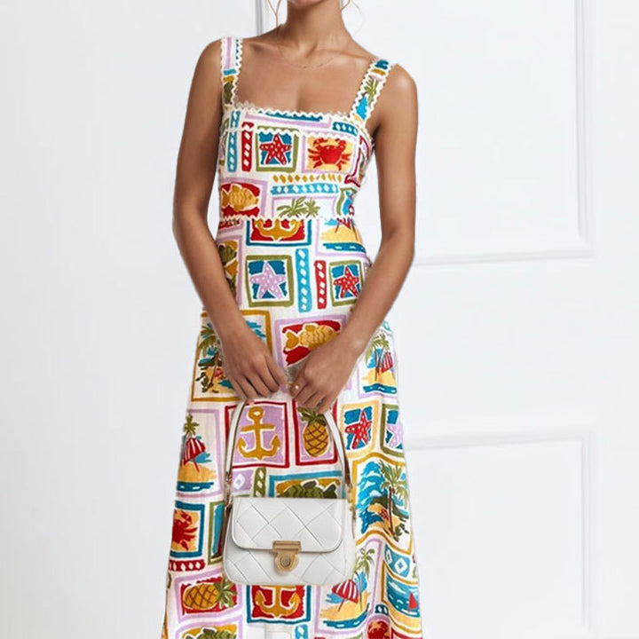Damen Verspieltes Maxikleid mit buntem Print und schmalen Trägern Drune
