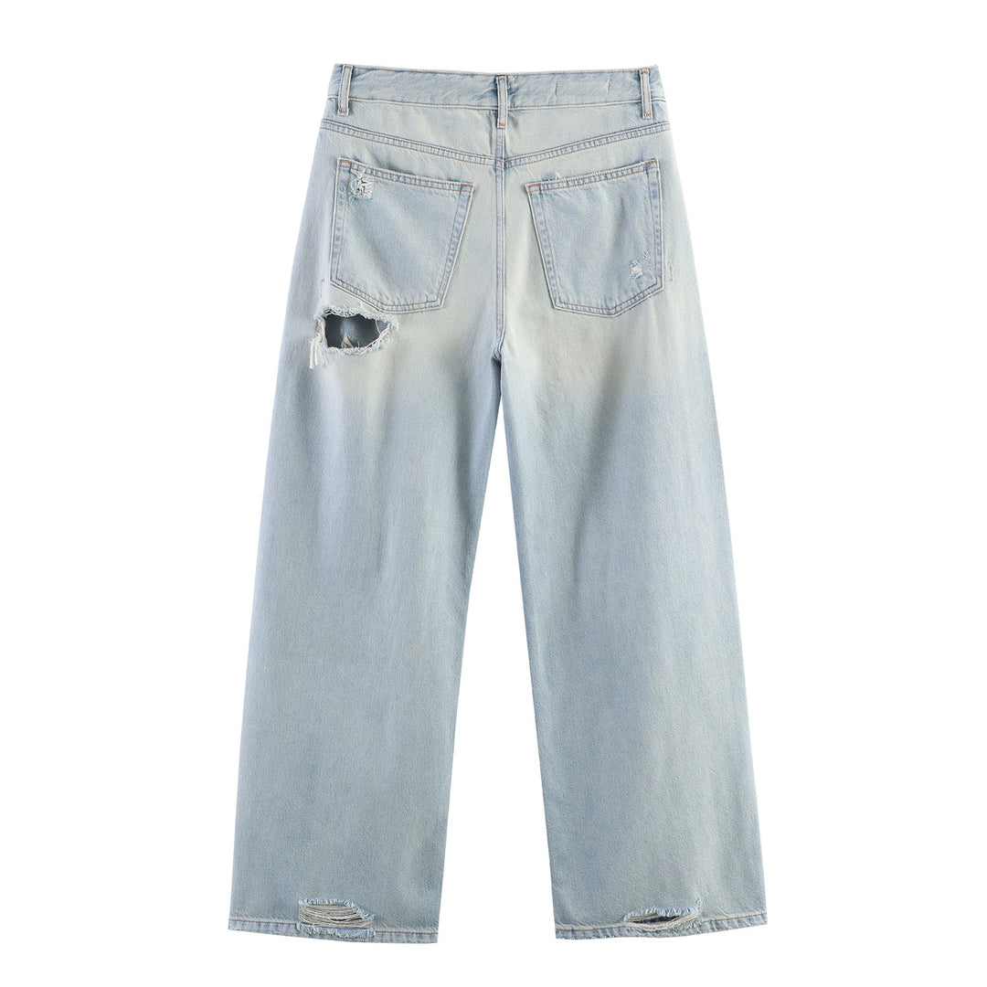 Damen nan weite Destroyed-Jeans mit hoher Bundführung, ausgefransten Cut‑outs und weitem Bein Drune