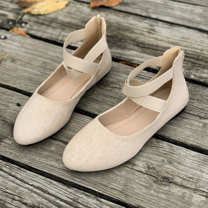 Damen Flache Ballerina-Slipper aus Wildlederimitat mit elastischen Kreuzriemen Drune