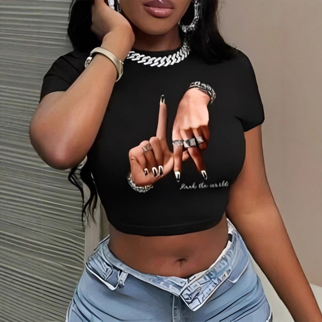 Damen Crop-Top mit künstlerischem Statement-Druck Drune