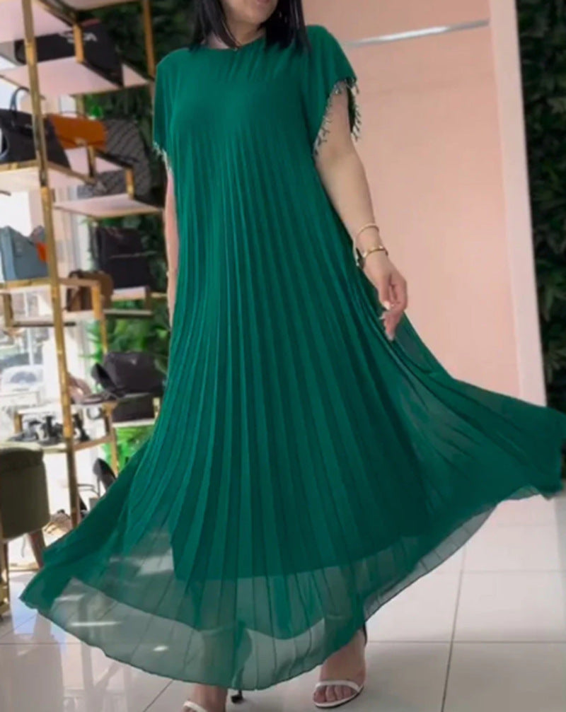 Damen nan elegantes Chiffon-Faltenmaxikleid mit weitem Schwingrock und Quastenärmeln Drune