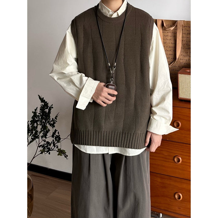 Herren Oversized Ärmellose Strickweste mit geripptem Saum und Rundhalsausschnitt Drune