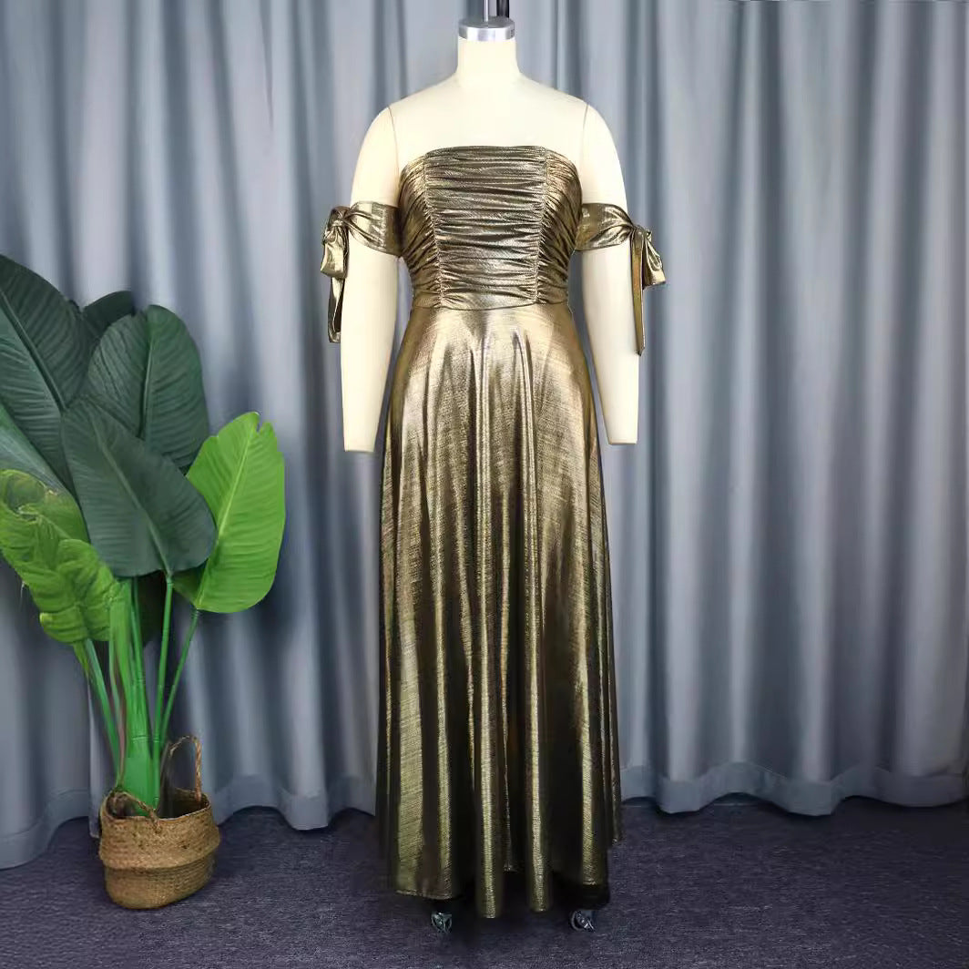 Damen Elegantes Maxikleid mit gerafftem Oberteil und schimmernden Ärmeln Drune