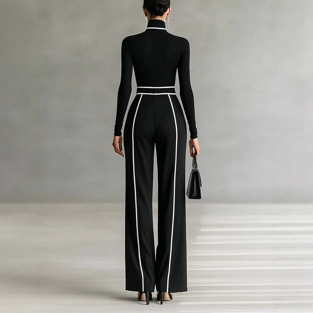 Damen Zweiteilig Ensemble bestehend aus einem figurbetonten Rollkragenbody und weit geschnittenen hochtaillierten Hosen mit Gürtel Drune