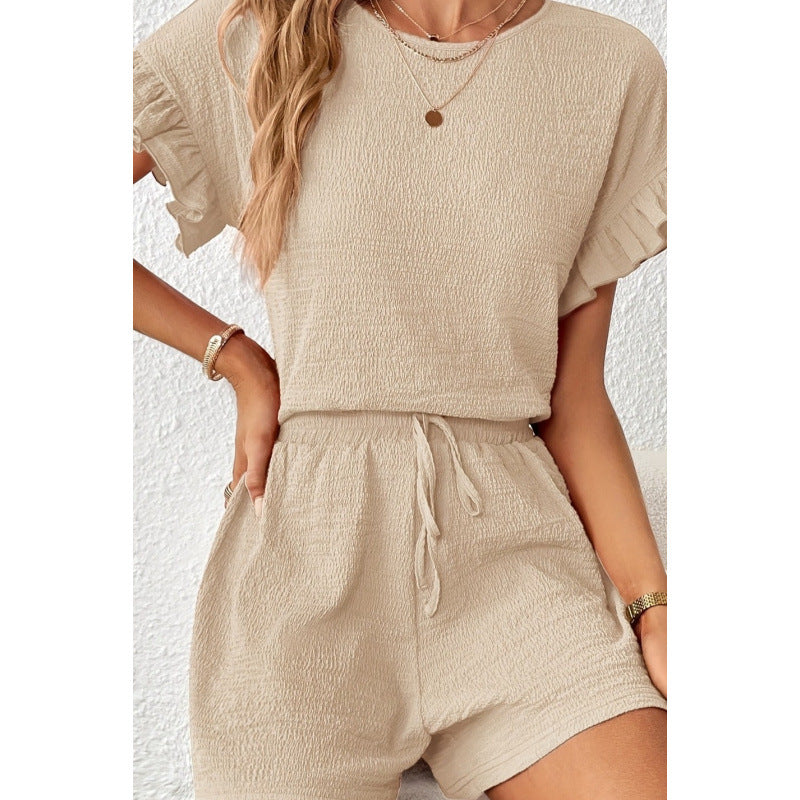 Damen Kurzarm-Overall mit Rüschendetails und Bindegürtel Drune