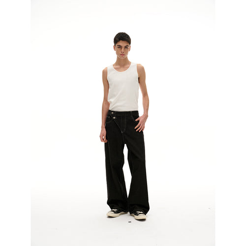 Damen High‑Waist weite Denim‑Hose mit asymmetrischer Knopfleiste und Kontrastnähten Drune