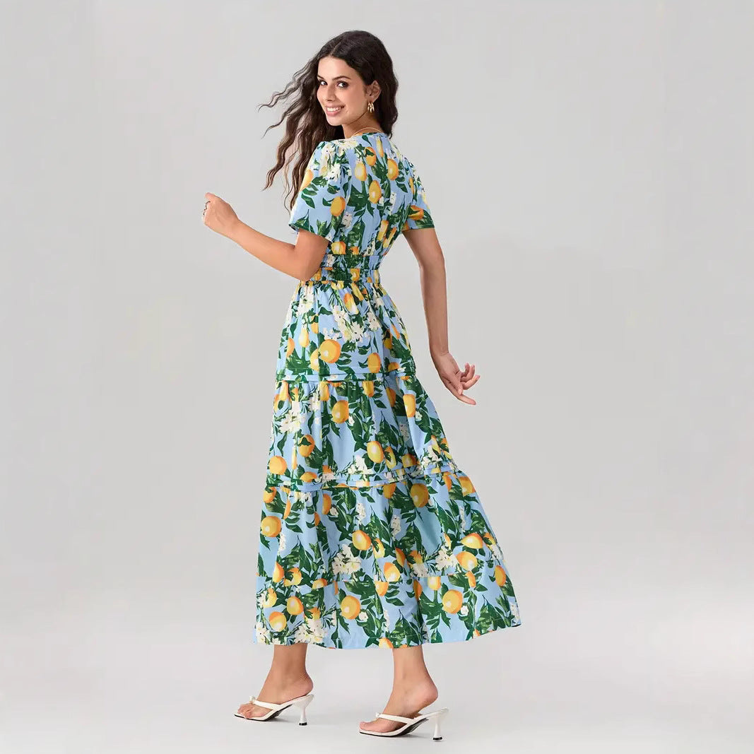 Damen Langes Wickelkleid mit elastischem Taillenzug und stilvollem Muster Drune
