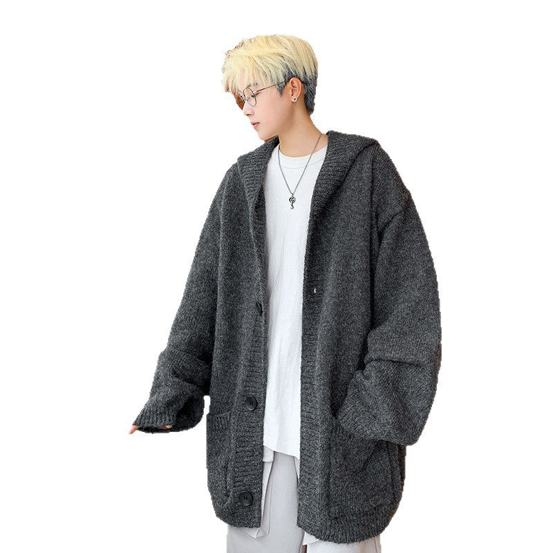 Unisex Oversized Mohair-Optik Strickcardigan mit Kapuze und großen Knöpfen Drune