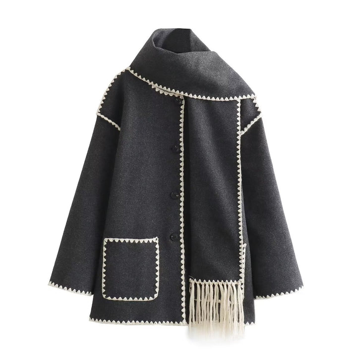 Damen Cape-Mantel mit angesetztem Fransen-Schal und Zier-Zickzacknaht Drune