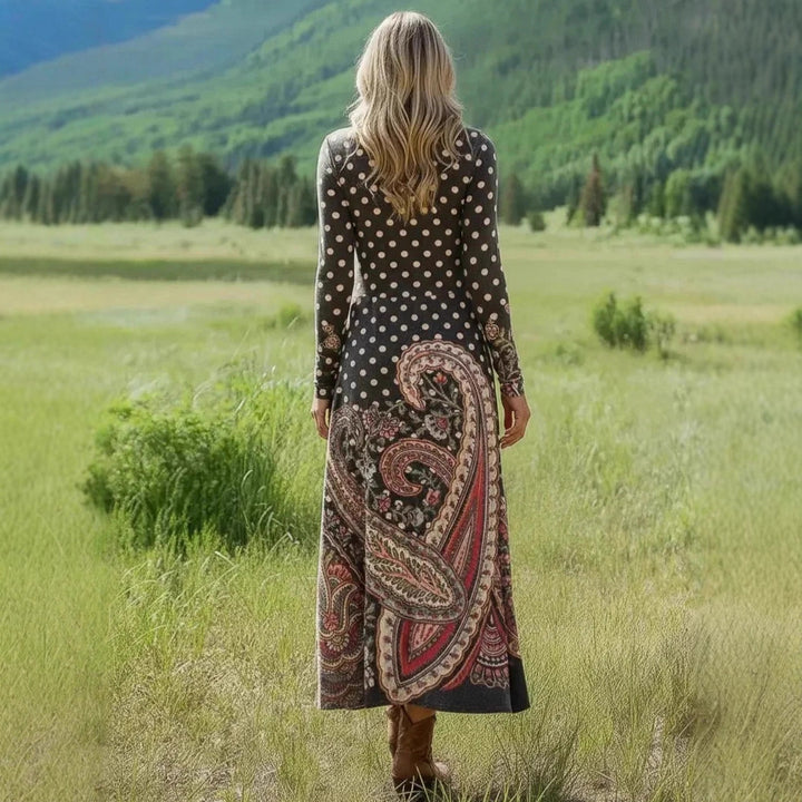 Damen Maxikleid mit Paisley‑ und Polka‑Dot‑Print, langärmeliges A‑Linien‑Jerseykleid Drune