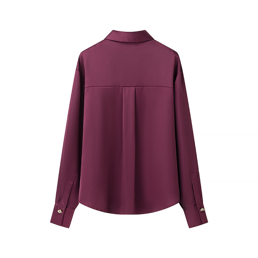Damen nan fließende Satin-Hemdbluse mit dekorativen Zierknöpfen und geradem Schnitt Drune