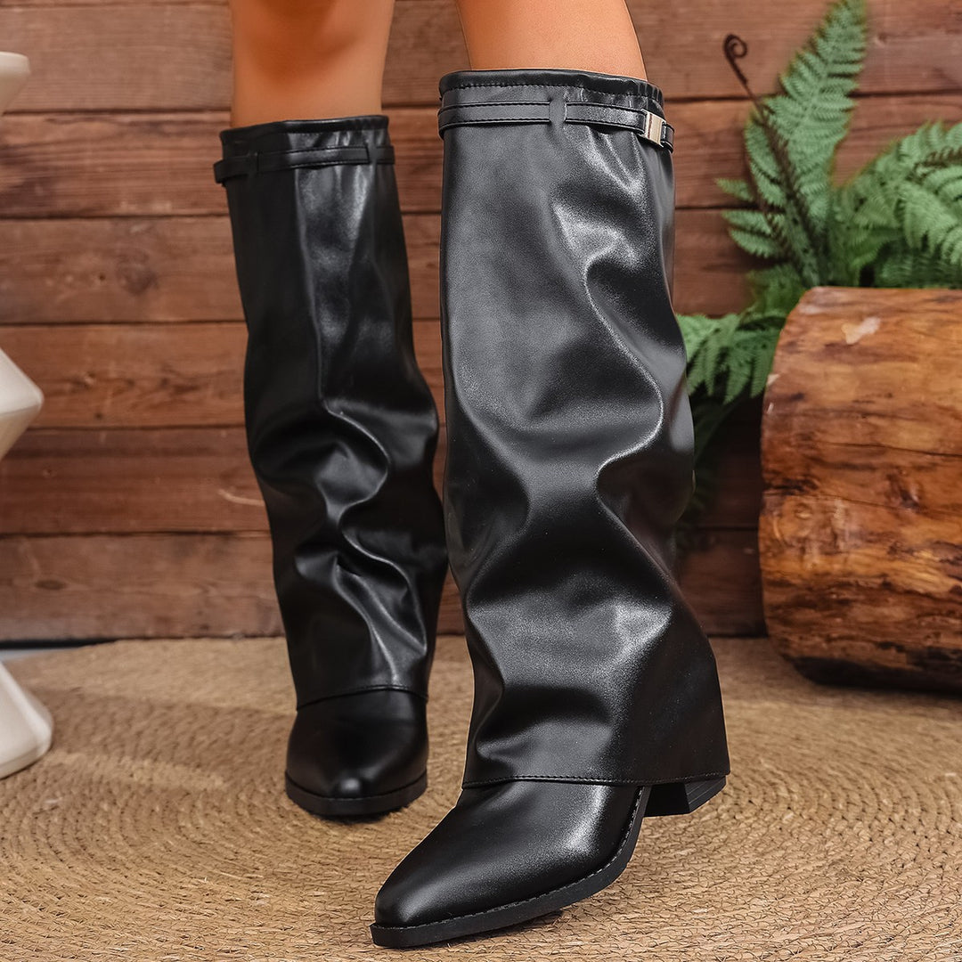 Damen nan kniehohe Slouch-Stiefel mit spitzer Zehenpartie niedrigem Blockabsatz und dekorativem Schaftgurt Drune