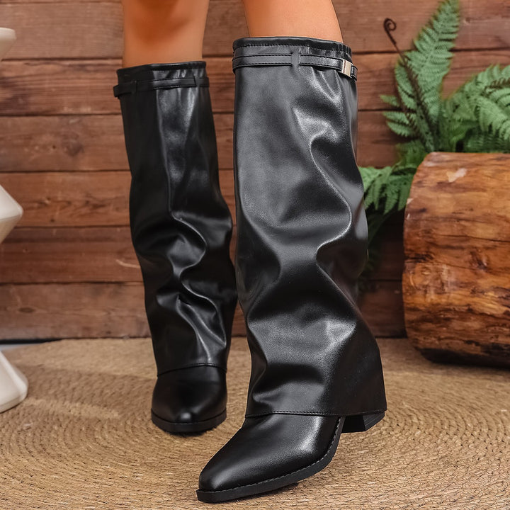 Damen nan kniehohe Slouch-Stiefel mit spitzer Zehenpartie niedrigem Blockabsatz und dekorativem Schaftgurt Drune