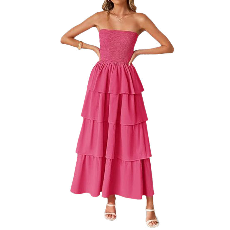 Damen Maxikleid mit schulterfreiem Design und voluminösem Stufenrock Drune