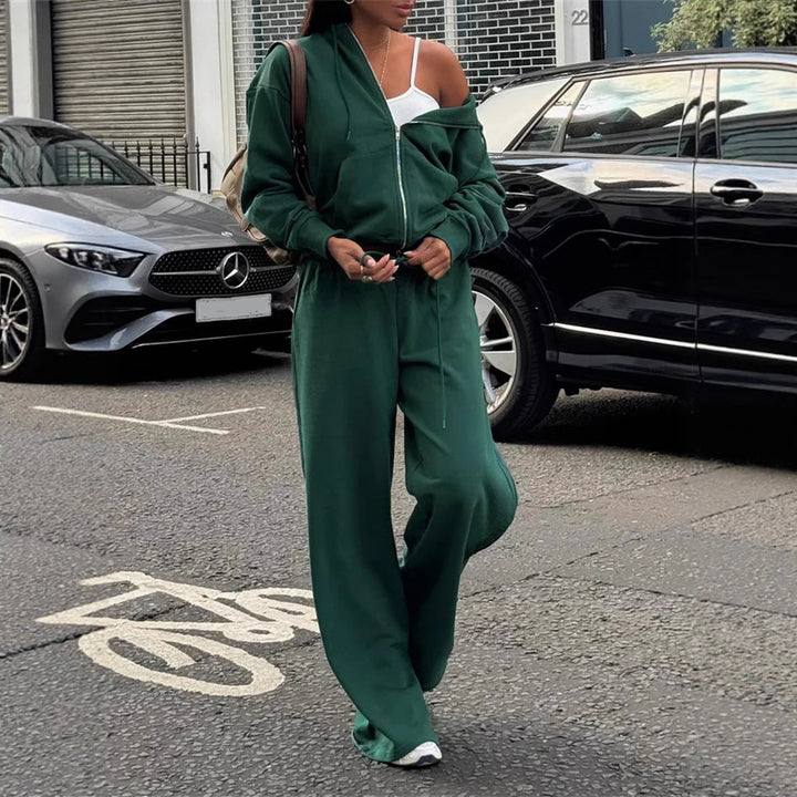 Damen gekürztes Kapuzen-Sweatshirt mit Oversize-Ärmeln und high-waist Wide-Leg Freizeithose Drune