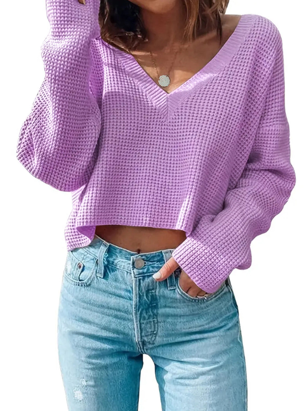 Damen lässiger V-Ausschnitt Pullover im Waffelmuster Drune