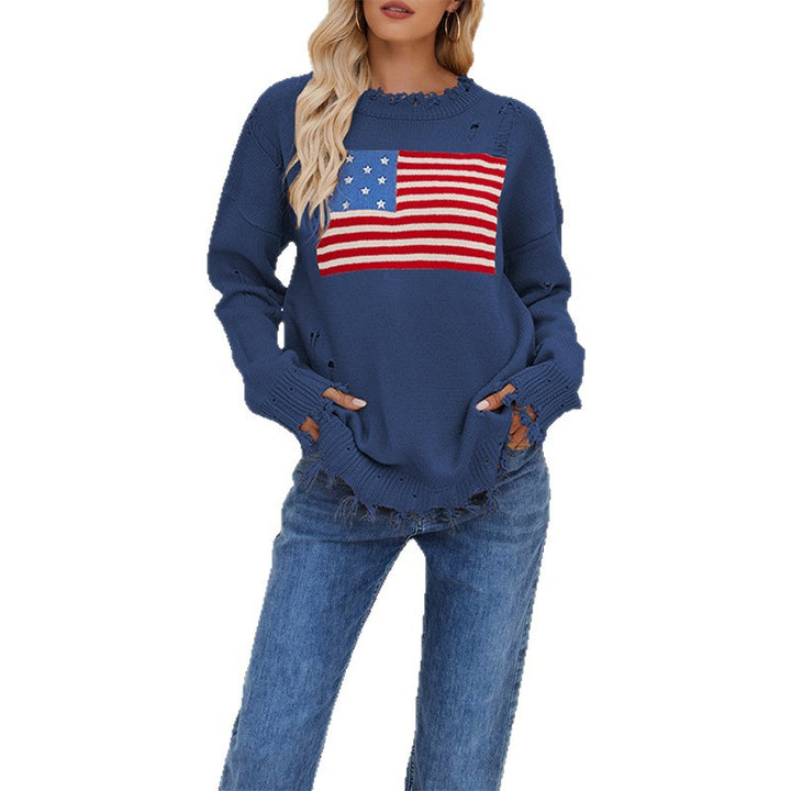 Damen lässiger Pullover mit Flaggenmuster und fransigem Saum Drune