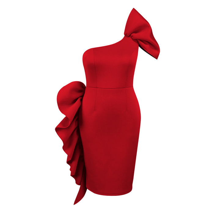 Damen figurbetontes Abendkleid mit asymmetrischem Design und voluminösem Schleifenakzent Drune