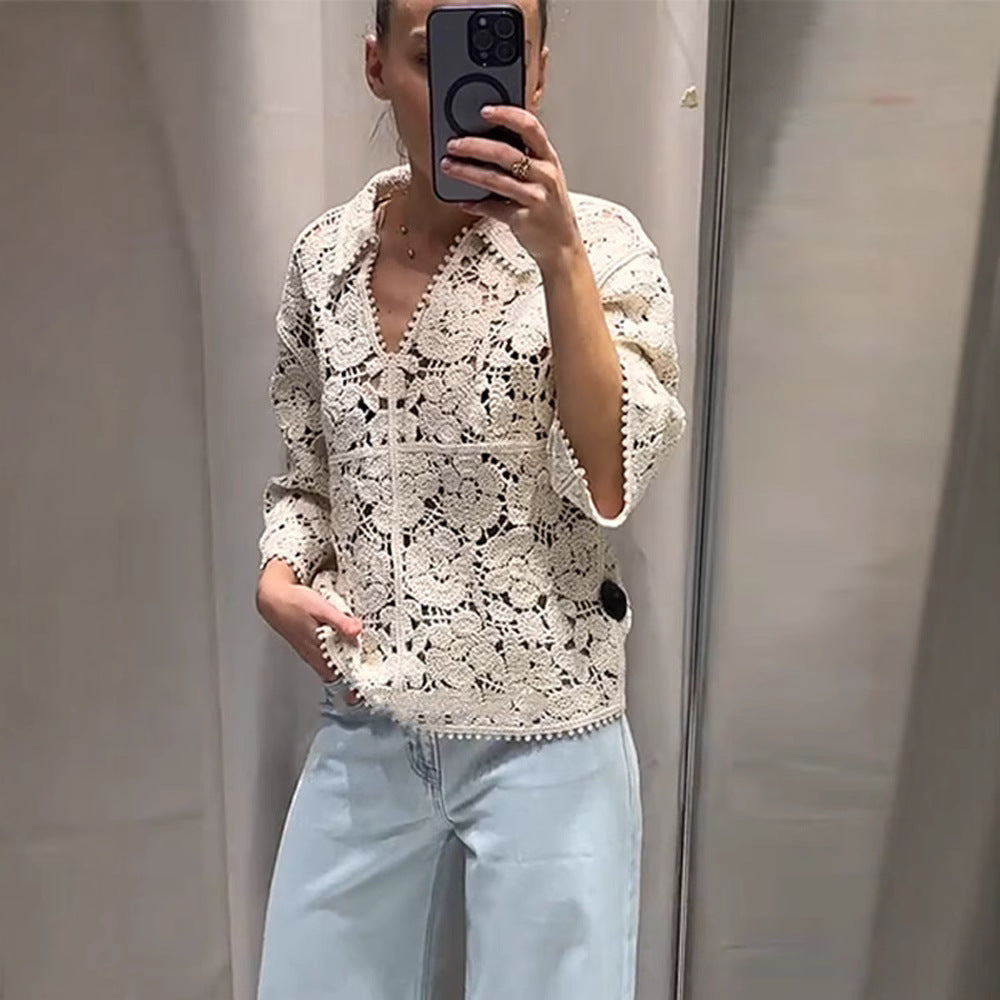 Damen Gehäkelte Bluse mit floralem Ajourmuster und dreiviertel Ärmeln Drune