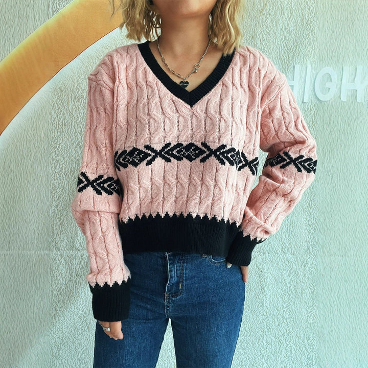 Damen lässiger Strickpullover mit modernem Zopfmuster und kontrastierenden Akzenten Drune
