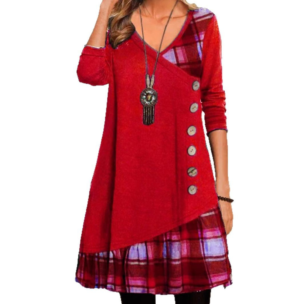 Damen nan asymmetrisches V-Ausschnitt-Tunika-Kleid mit Zierknopfleiste und Animalprint-Besatz Drune