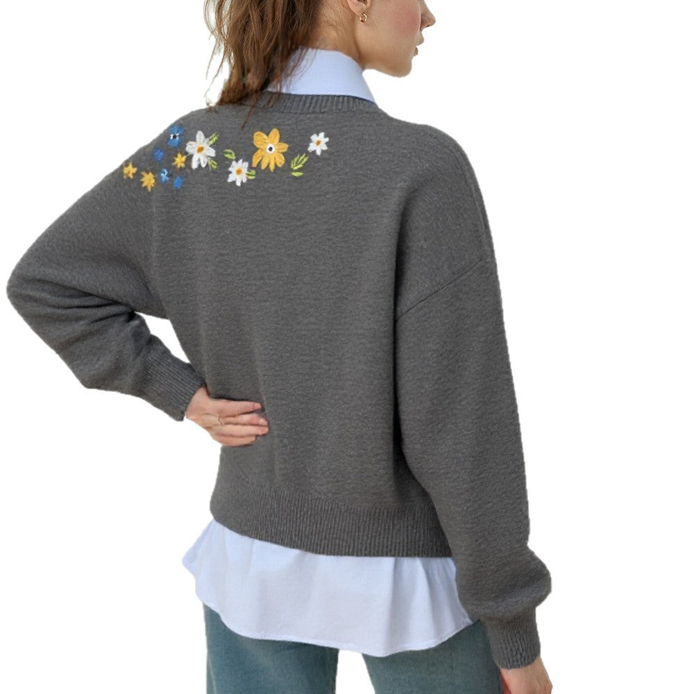 Damen lässiger Pullover mit floralem Stickdesign und weitem Schnitt Drune